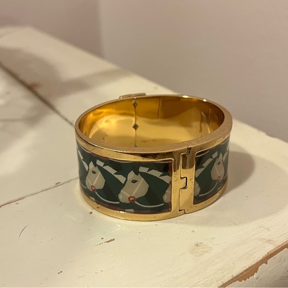 Tory Burch Gold and Black Patterned Hinged Cuff Bracelet - Picture 2 of 5